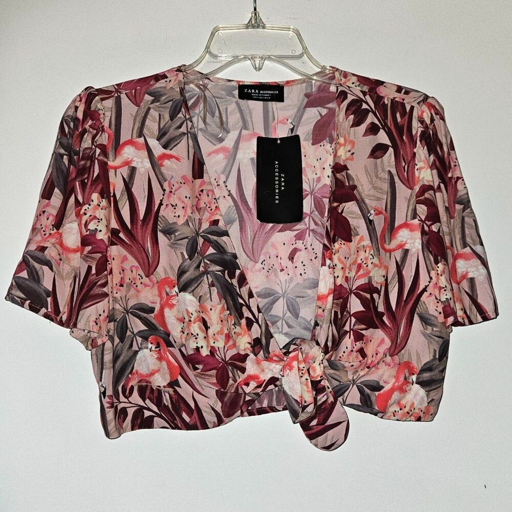 ZARA Pink Floral and Flamingo Front Tie Crop Top Small
